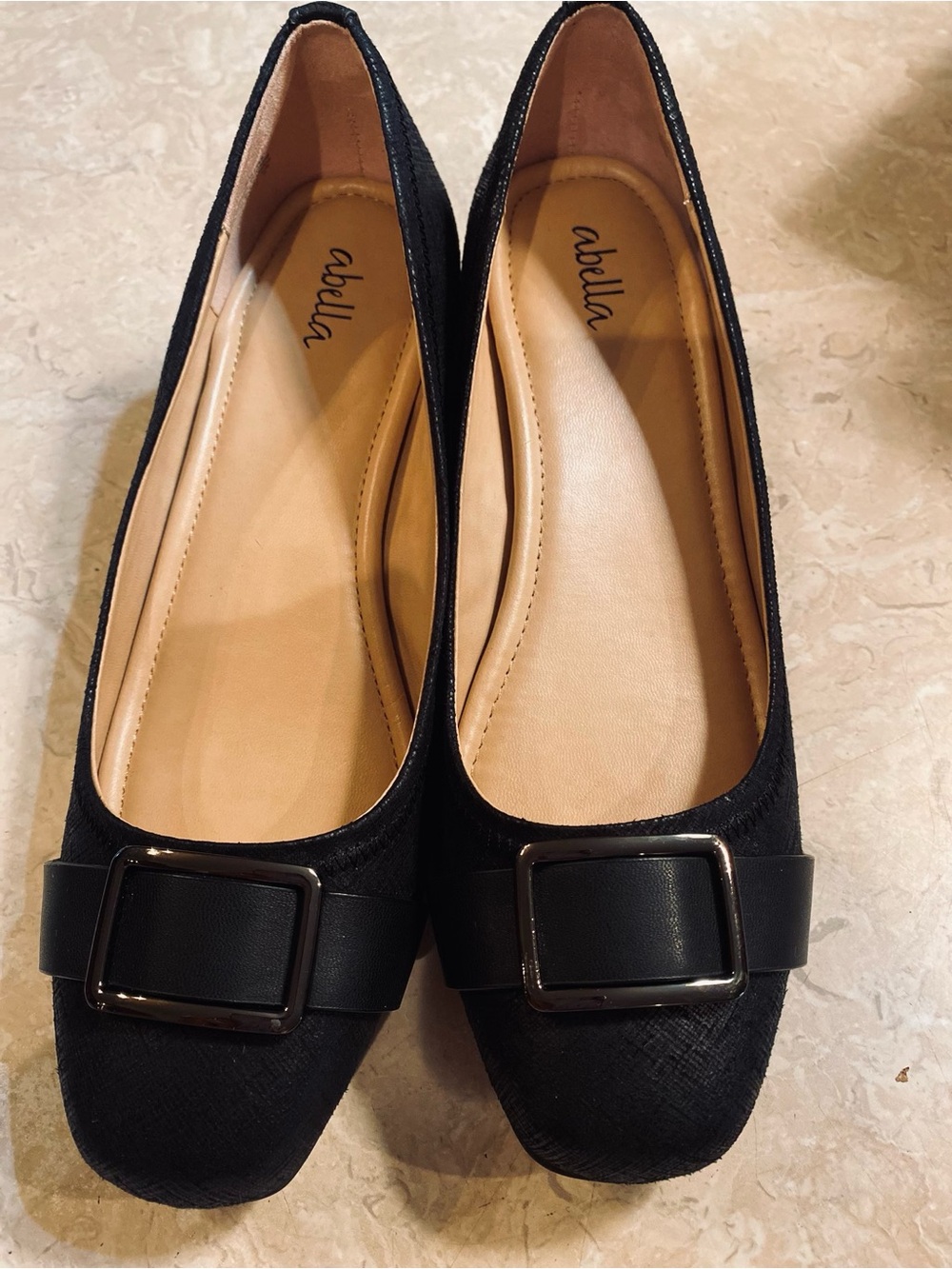 Abella Black Square-Toe Flats with Buckle Accent